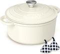 Umite Chef Enameled Cast Iron Dutch Oven - 5QT Heavy-Duty Pot with Lid & Potholders | Cream White for Baking & Roasting