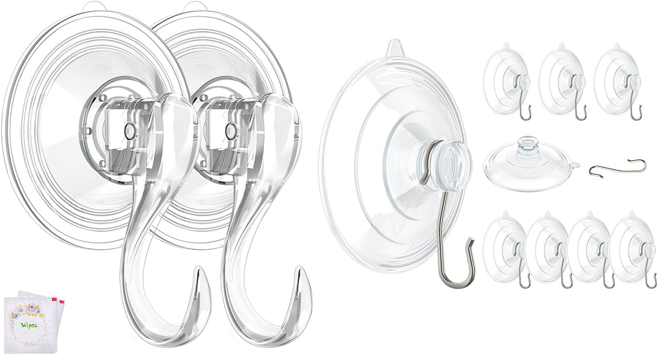 VIS'V Large Suction Cup Hooks - 2 Pcs Durable Hold with 10 Pcs Metal Hooks | Ideal for Home Use