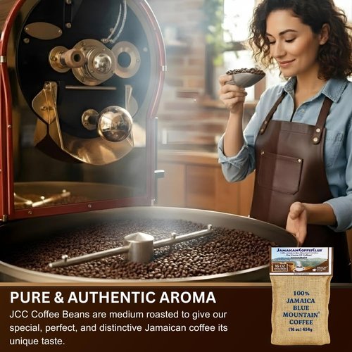 JamaicanCoffeeClub Blue Mountain Whole Bean Coffee, WB 16oz 100% Jamaican Beans, Premium Roast, Bold Smooth Taste, Freshly Packed Coffee from Jamaica, Rich Aroma Gourmet Blend