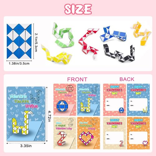 28 Pack Valentine's Day Gifts for Kids Snake Twist Puzzle Toys Magic Stress Relief Fidget with Greeting Cards, Boys and Girls Classroom Exchange Prizes Party Favour