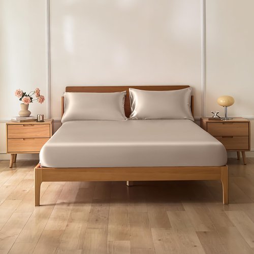 VACVELT 3-Piece Satin Fitted Sheet Set Queen Size, Beige Bottom Bed Sheet with 2 Pillowcases, Similar to Silk Sheets, Luxury & Silky Bedding Set, 15 Inch Deep Pocket
