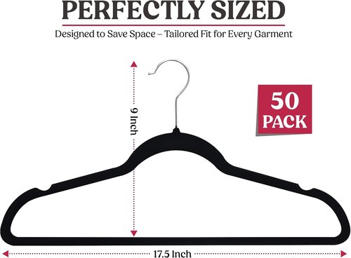 LDC Black Velvet Hangers - Premium Non-Slip Clothes Hangers with 360° Swivel Hook | 50 Pack - Black