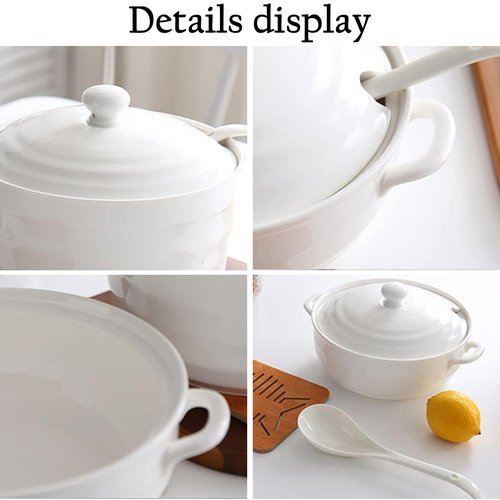 Hgjgwqh Ceramic Soup Tureen with Lid White Porcelain Serving Soup Tureen Round Ceramic Bowl for Restaurant Home Kitchen Decoration Microwave and Dishwasher Safe