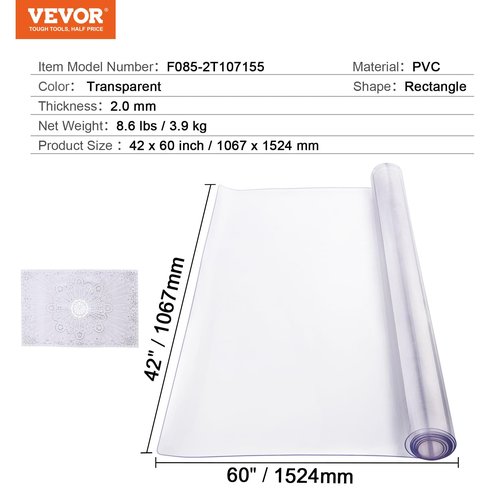 VEVOR Plastic Table Cover, 42 x 60 Inch 2.0 mm Thick Clear PVC Desk Mat Protector, Waterproof & Easy Cleaning Desk Pad Tablecloth, for Office, Dresser, Dining Room, Night Stand