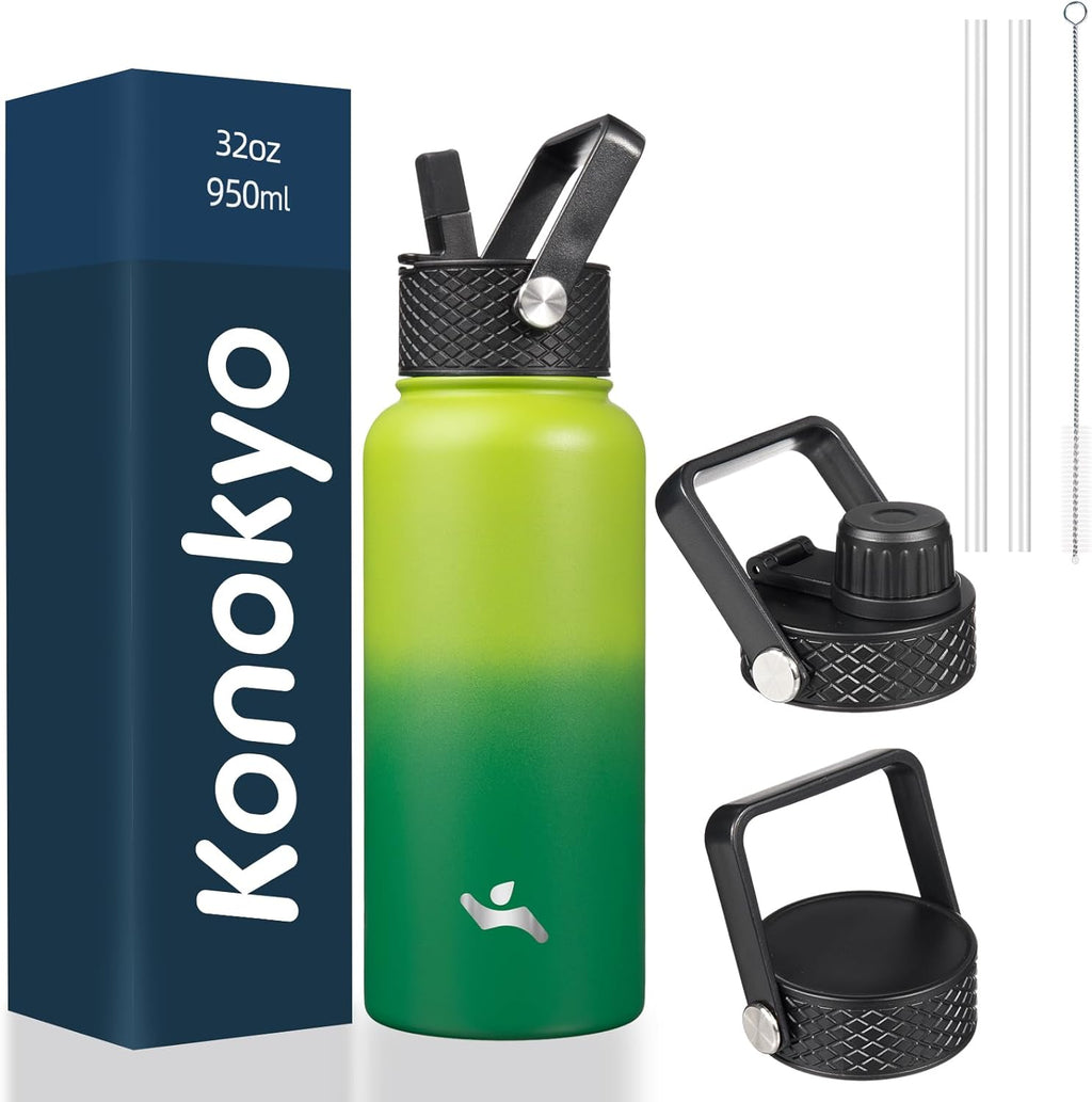 Skiennix 32 oz Insulated Stainless Steel Water Bottle - 3 Lids & Bamboo Grove Design