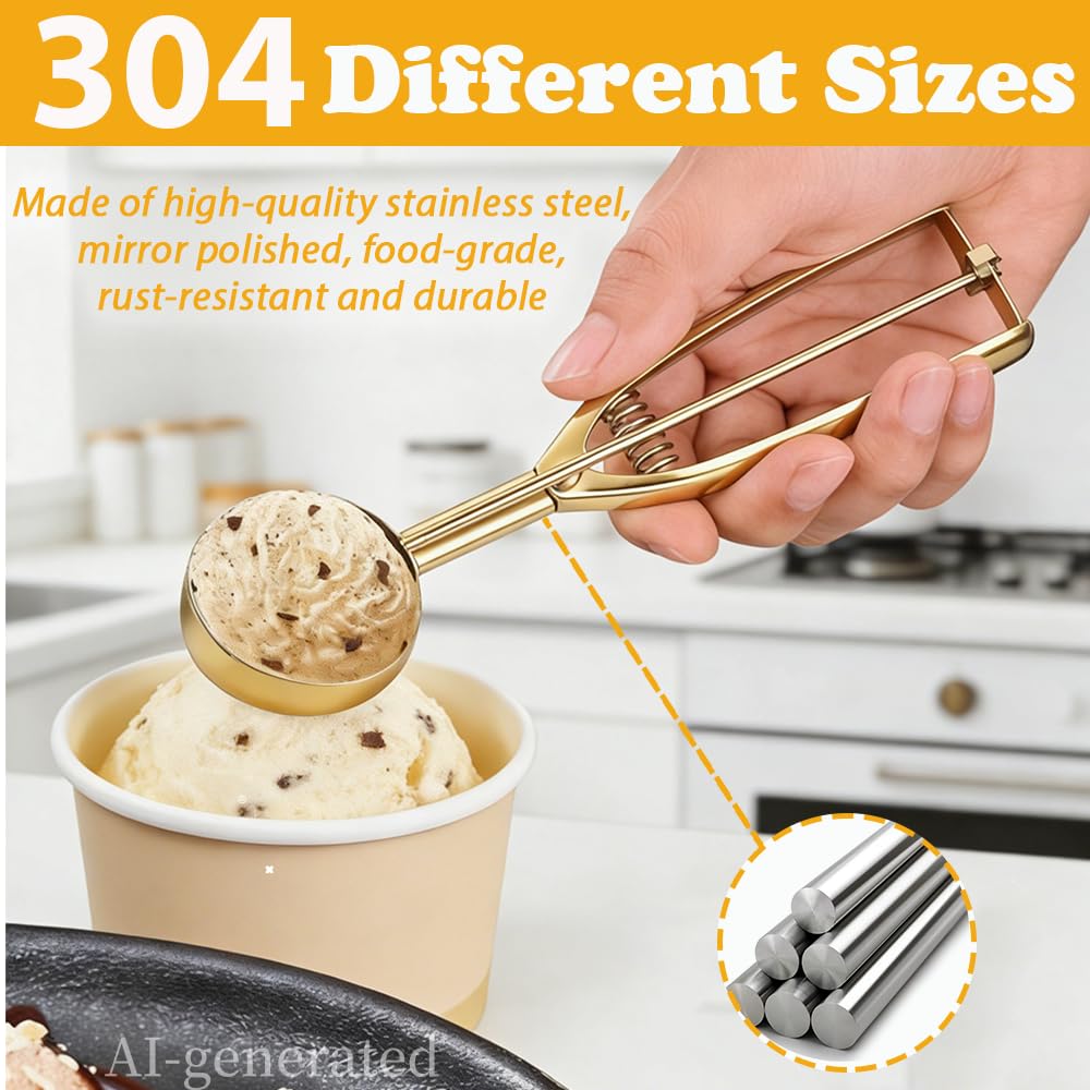 ZYHUI Gold Ice Cream Scoop 304 Stainless Steel Cookie Scoops for Baking Melon Baller with Trigger 3 Sizes (Gold, M)