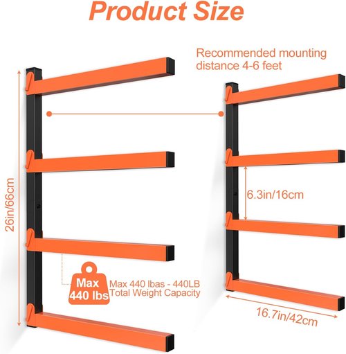 NANANARDOSO Wall Mount Wood Organizer - Heavy Duty Metal Shelf with 4-Level Lumber Racks | 4 Pack