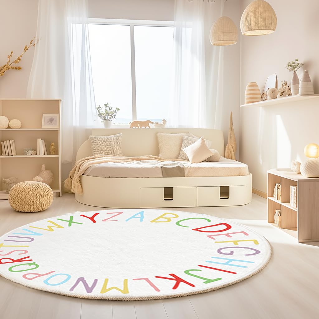SHIPKEY Round Kids' Rug, Play Rug for Boys, Colored Alphabet Nursery Area Rugs, Kids Bedroom Rugs, Non-Slip Mat, Carpet for Living Room (4 feet)