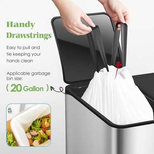 Teivio 20 Gallon 60 Counts (fit 18-20 Gal) Large Drawstring Trash Bags Strong Tall Kitchen Compactor Bags Garbage Bags for Home/Office/Light Residential Waste/Outdoor Trash Can, Lawn，Trash Bags White