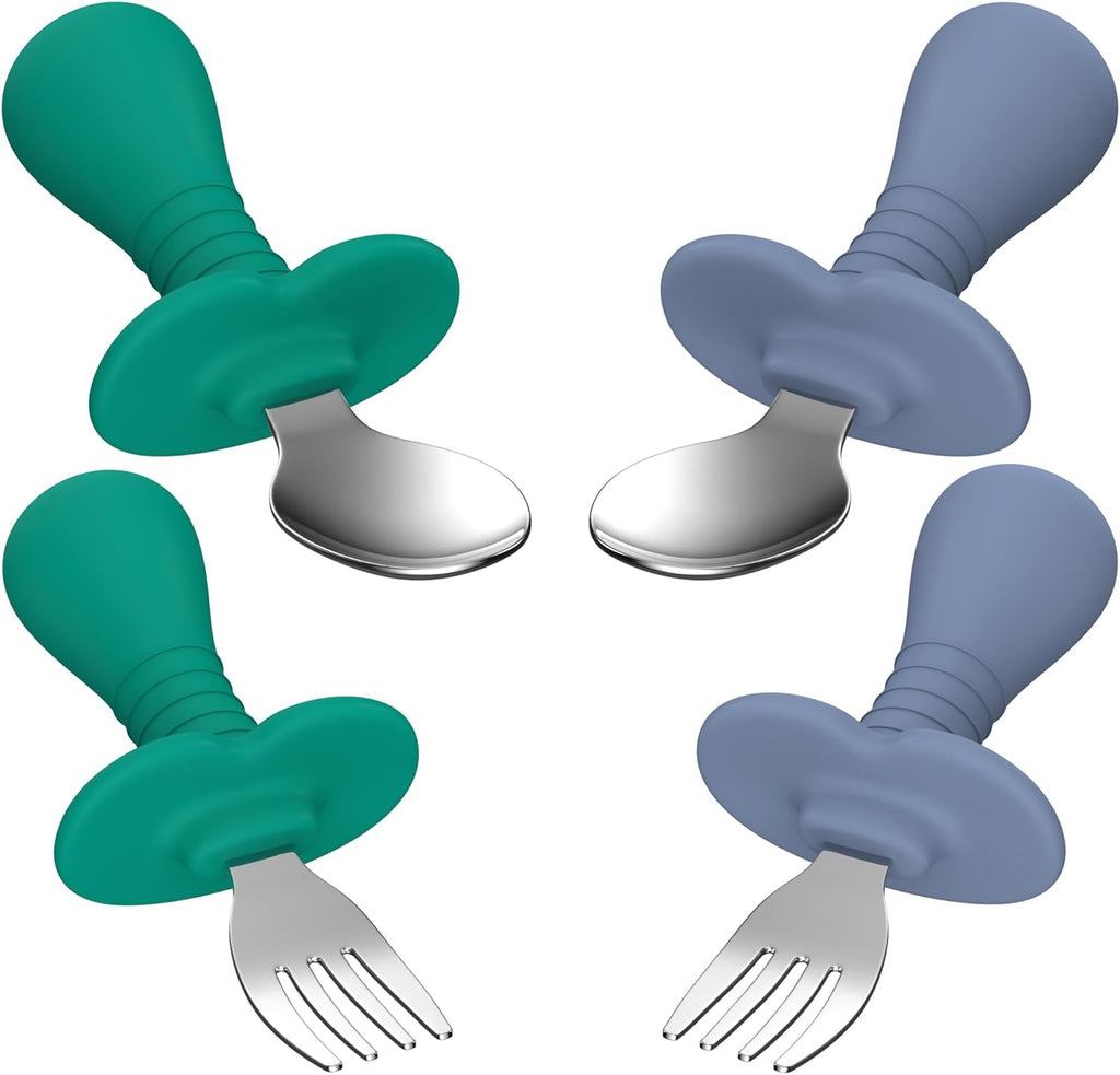Skiennix Toddler Spoons and Forks Set - 4-Piece Kids Silverware with Silicone Handle | BPA-Free, Anti-Choke Design (Dark Blue, Green)