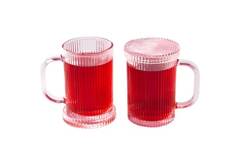Paris Hilton Ribbed Glass Mug Set with Dual Use Lid/Coaster, Elegant Fluted Glassware, Perfect for Coffee, Tea or any beverage, Set of 2, 13.5-Ounce, Pink