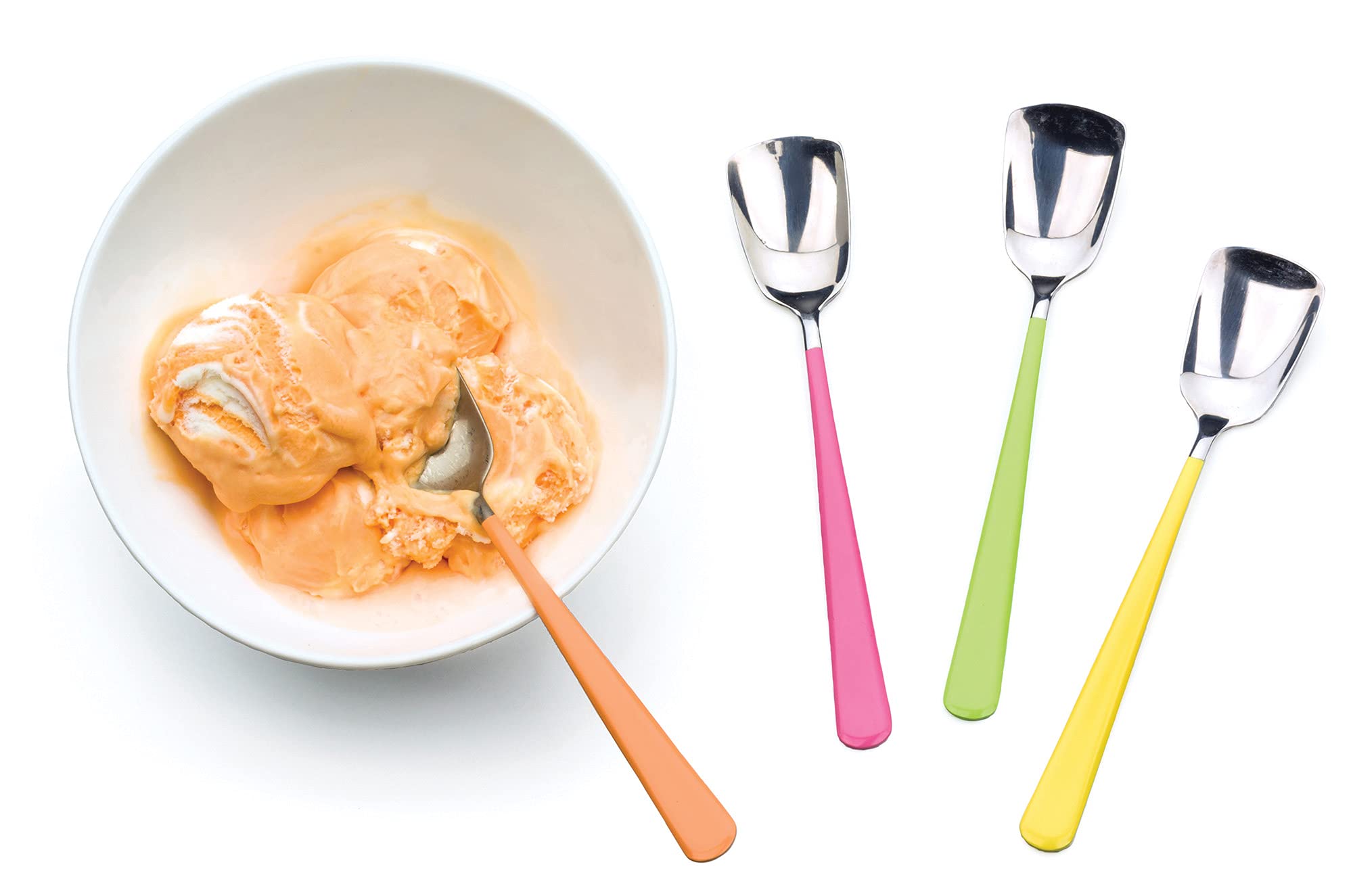 RSVP International Ice Cream Tool Collection, Dishwasher Safe, Large Handle, Colored Handle Spoons, 4 Piece