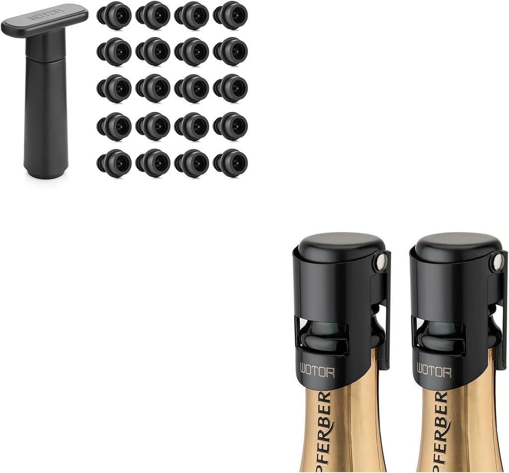 WOTOR Champagne Stoppers with Stainless Steel Champagne Bottle Stopper with Food Grade Silicone Reusable Champagne Cork, Saver Suitable for Champagne, Cava, Prosecco, Sparkling Wine (Black, 2pack)