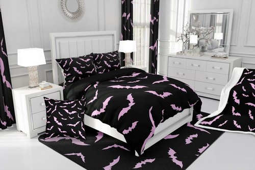 Erosebridal Halloween Bedding Set Full Size for Kids Boys Youth Pink Bats Comforter Set Happy Holiday Gothic Quilt with 2 Pillow Cases Spooky Animal Bedding Comforter Sets