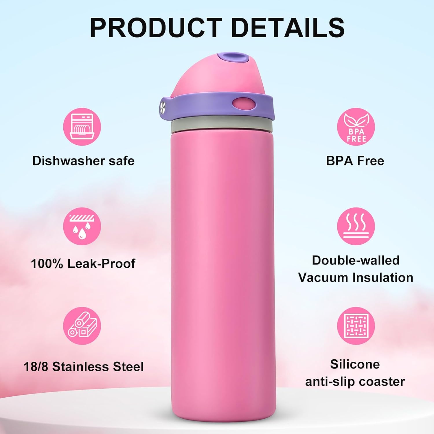 Skiennix 24 oz Insulated Water Bottle - Leak Proof Stainless Steel with One-Touch Flip Lid & Straw | Pink