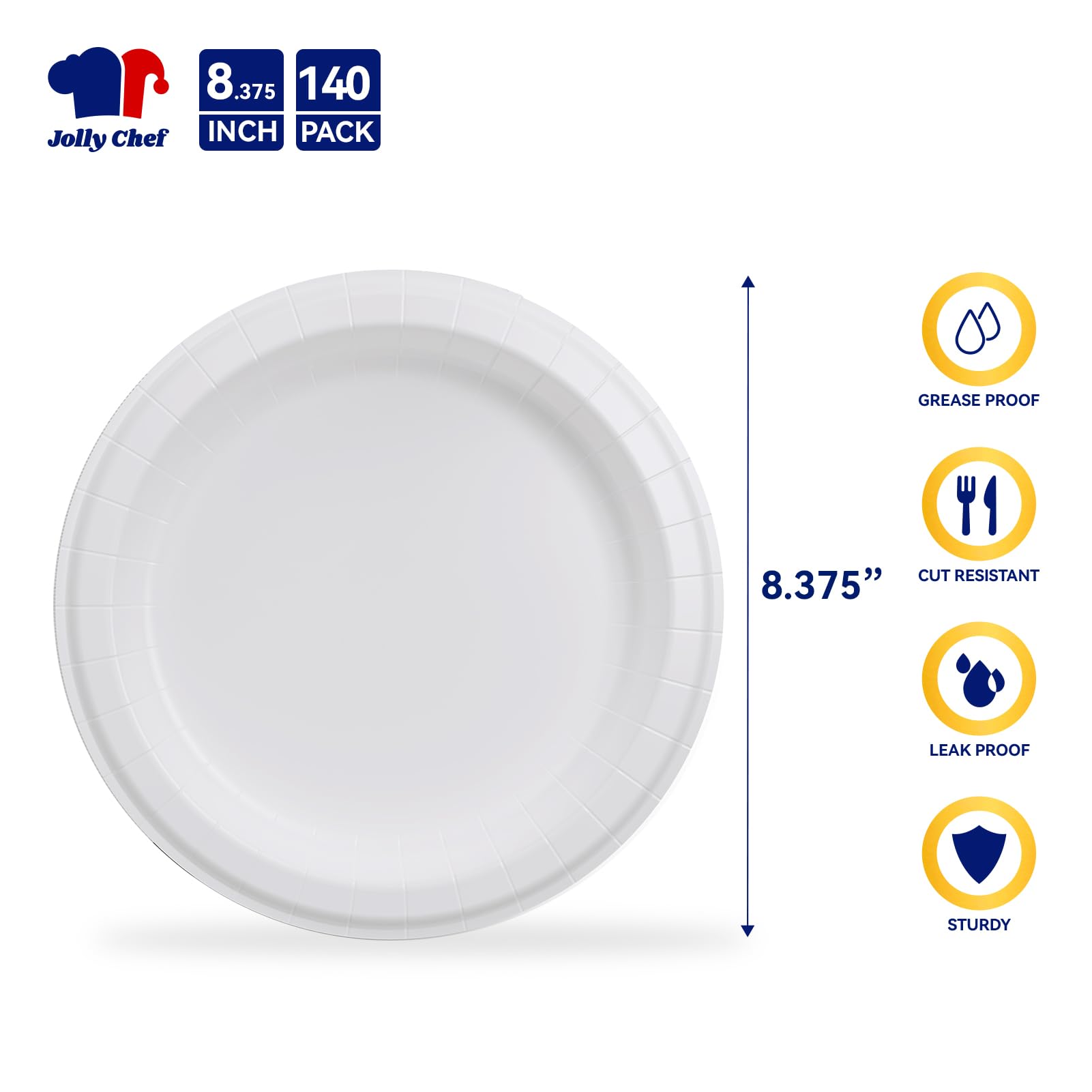 JOLLY CHEF 8.37 inch Disposable Paper Plates 140 Count, Heavy Duty Paper Plates for Everyday Use