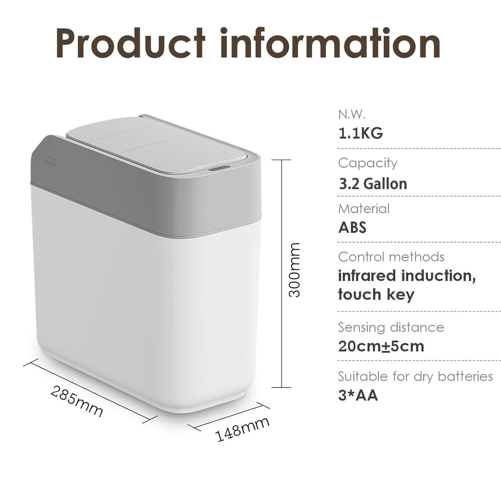 Small Bathroom Trash Cans with Lids,Motion Sensor Bathroom Trash Can,Waterproof Plastic 3.2 Gallon Automatic Adsorption Touchless Garbage Can for Kitchen,Living Room,Office,Laundry,White/Grey