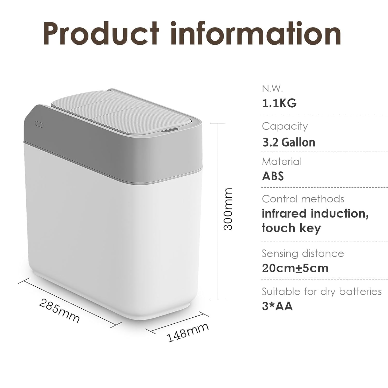 Small Bathroom Trash Cans with Lids,Motion Sensor Bathroom Trash Can,Waterproof Plastic 3.2 Gallon Automatic Adsorption Touchless Garbage Can for Kitchen,Living Room,Office,Laundry,White/Grey