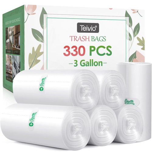 3 Gallon 330 Counts Small Trash Bags 3 Gallon 3.1 Gallon 3.2 Gallon fit 10 liter Garbage Bags by Teivio, Waste Basket Bags,Bathroom Trash Can Bin Liners, Plastic Bags for home office kitchen, Clear