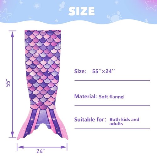 WERNNSAI Mermaid Tail Blanket - Plush Mermaid Wearable Blanket for Girls Teens All Seasons Soft Flannel Snuggle Blanket Scale Sleeping Bag Kids 55" x 24" (Purple)