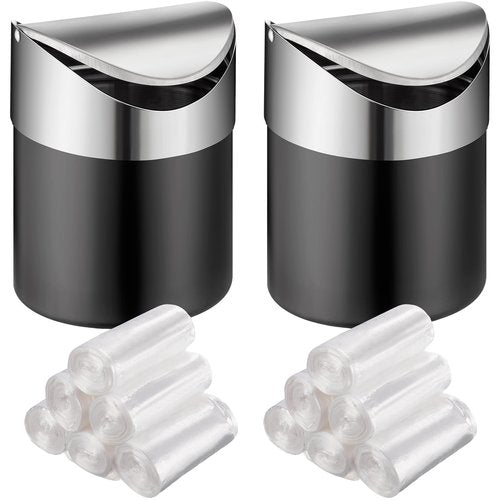 Yiyiring 2 Pcs Desk Trash Can with Swing Lids, 12 Rolls of Trash Bags, 2L Brushed Stainless Steel Countertop Garbage Bin Small Wastebasket with Lid for Office Desk, Coffee Table(Matte Black)