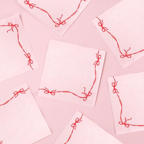 50Pack Red Pink Bow Paper Napkins Bachelorette Decorations Bow Theme Birthday Party, Bridal Engagement Decor, Girl Baby Shower Table Supplies 6.5''