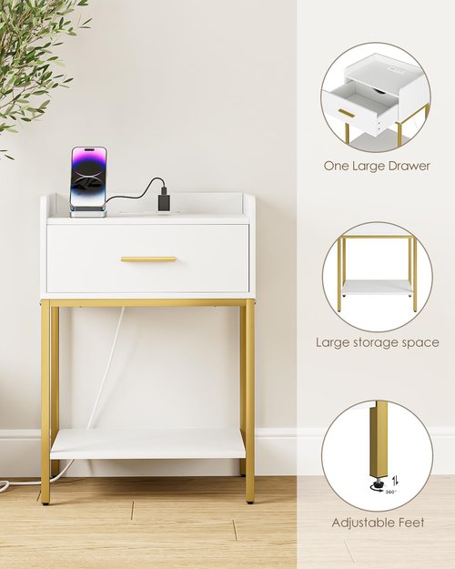 AEPOALUA Nightstand with Charging Station, Modern Bedside Table with Drawer and Legs,White and Gold Night Stand with Open Shelf, Narrow Side Table for Bedroom, Living Room