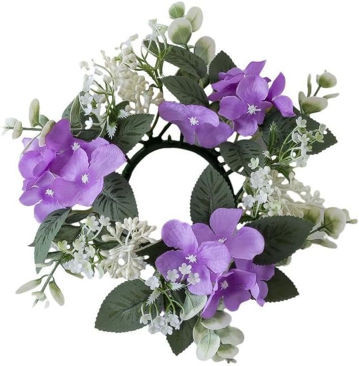 Skiennix Candle Rings - Artificial Hydrangea & Eucalyptus Wreaths for Pillar Candles | Purple, 2 Pcs Set