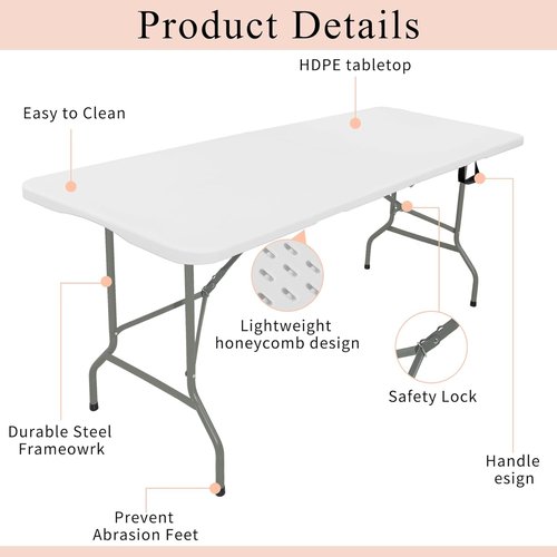 Folding Tables Set of 2 - Lightweight Rectangular Portable Plastic with Steel Legs | 5.85FT White for Events & Picnics