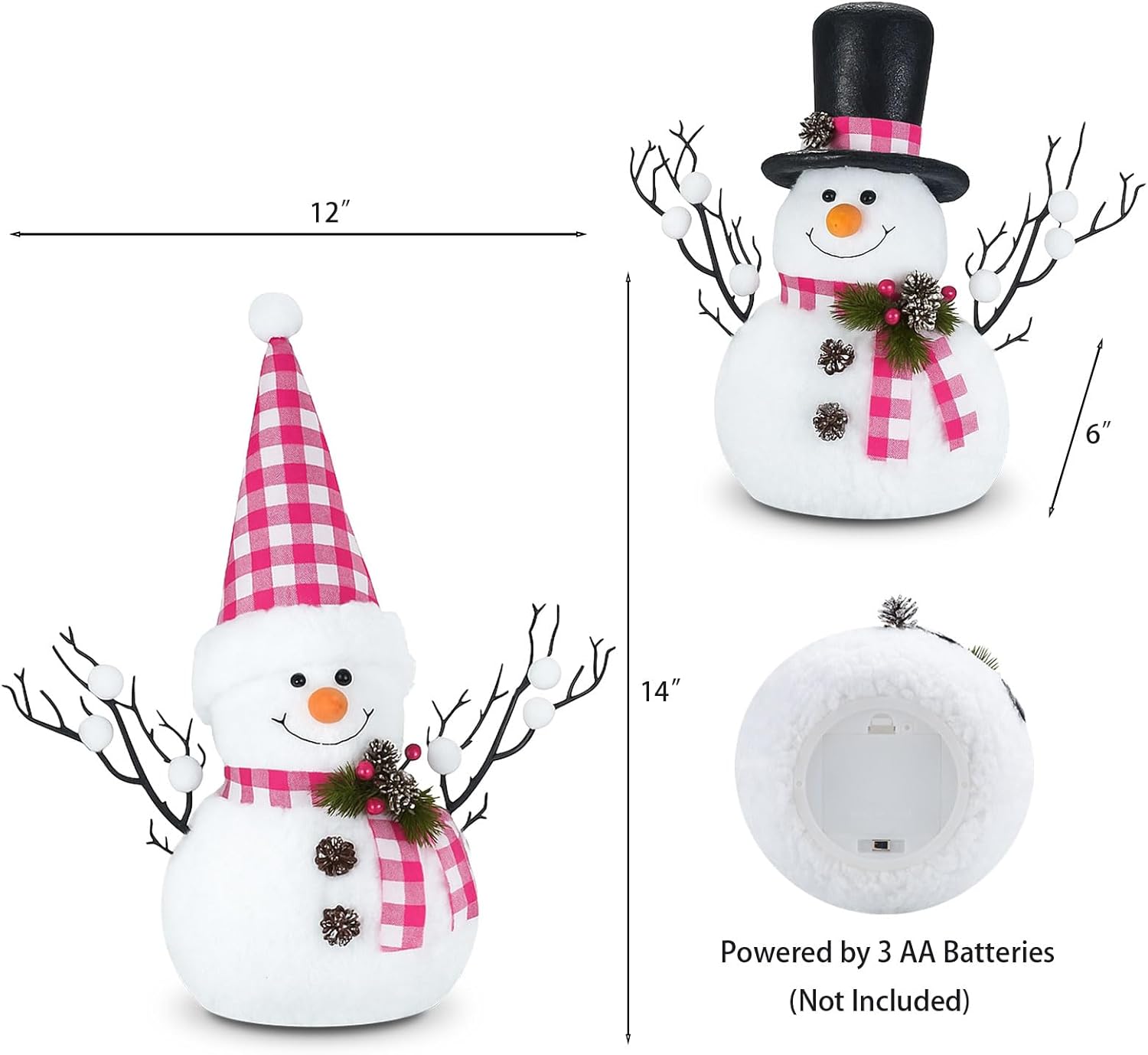 Skiennix Lighted Plush Snowmen Figurines - 14" Christmas Table Decorations | Battery Operated Holiday Ornaments