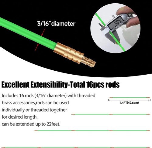 FTIHTRY 22FT Fiberglass Electrical Wire Pulling Glow Rods - Complete Kit with 8 Attachments