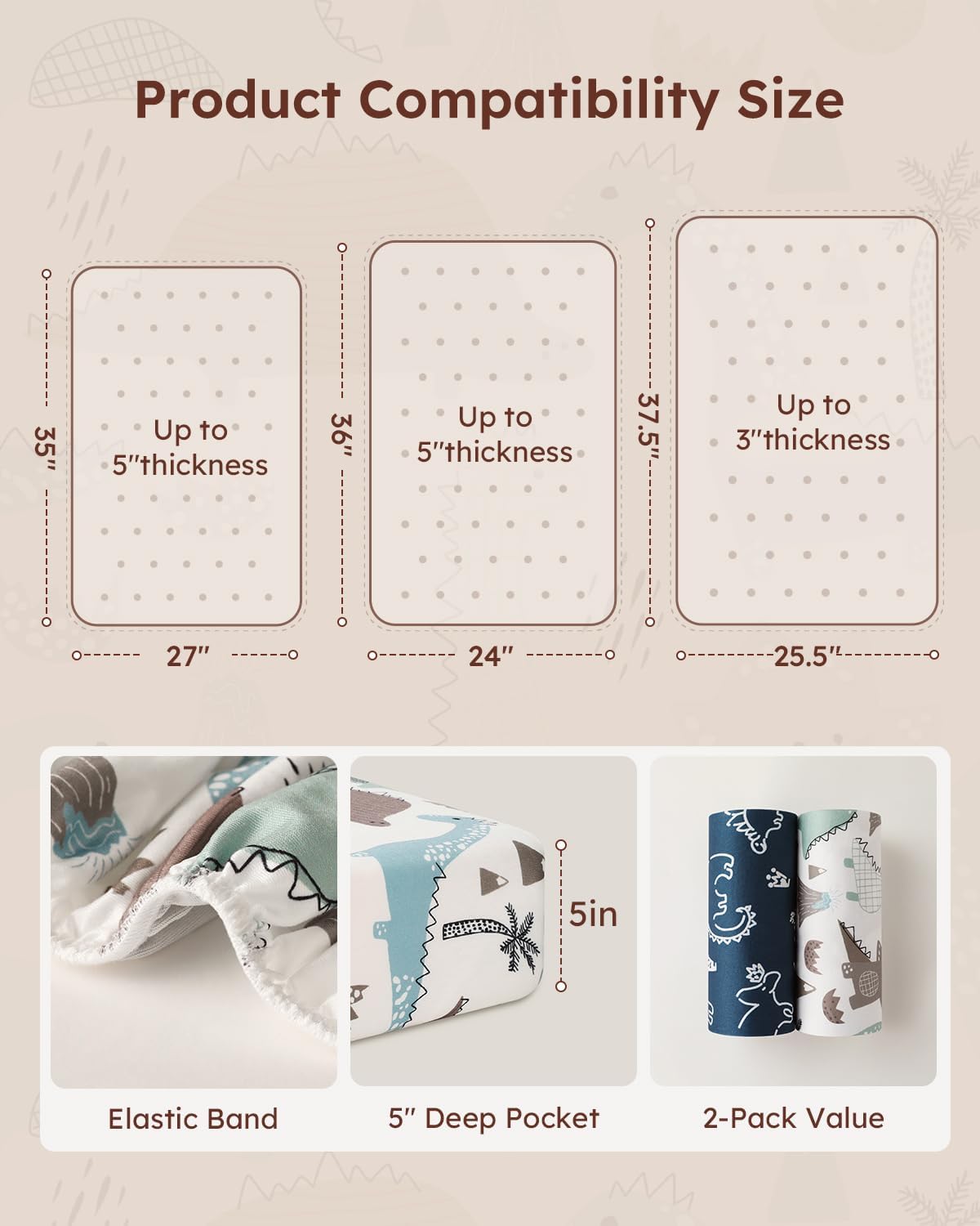 Yoofoss Baby Pack and Play Sheets - Ultra Soft Dark Blue Dinosaur Fitted Mini Crib Sheets 38x26