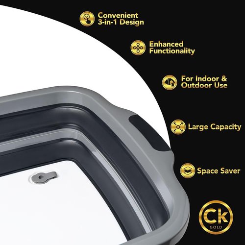 CK GOLD Collapsible BBQ Prep Tub - Includes Cutting Board, LOCKING Lid & Strong Drain Hole for Meal Prep & Marinating | BPA-Free, Food-Grade BBQ & Meat Prep Tubs, Best Grilling Gifts (Black, 8 L)