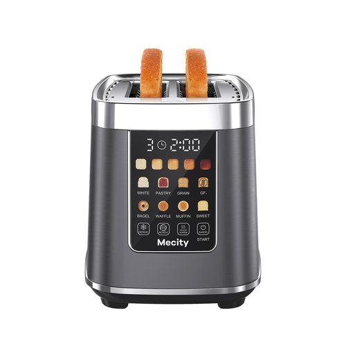 Mecity 2 Slice Toaster with Touch Screen & Auto Lift, Stainless Steel Cool-Touch Toaster with 8 Bread Settings, 5 Shade Levels, 1200W High Power, Keep Warm & Reheat Function, Metallic Grey, 120V