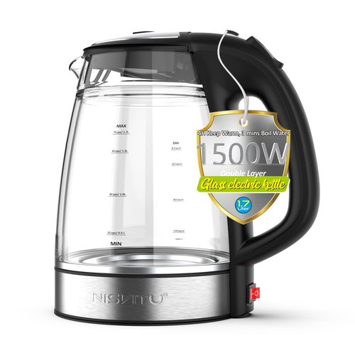 NISVITU Glass & Stainless Steel Cordless Electric kettle for boiling water, Hot water boiler Electric Tea Kettle automatic shut off Boil-Dry Protection, PC Outer + Glass Inner, 1500W, 1.7L, BK