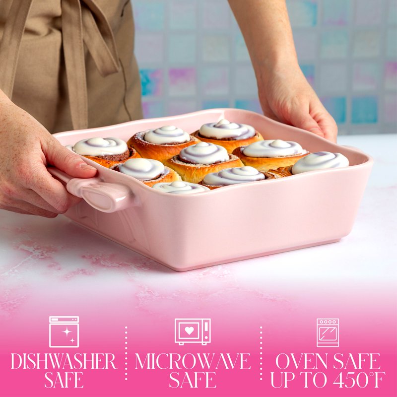 Ceramic Square Baking Dish - 8x8, Oven & Microwave Safe, Pink with Bow Handles