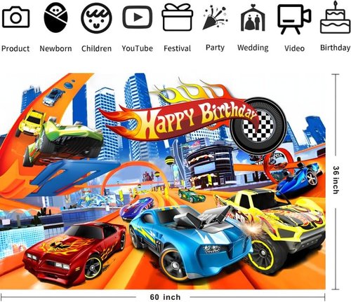 Hot Birthday Party Decorations, 5x3ft Happy Birthday Back drop Banner Theme Backdrop Banner for Wheels Party Decorations Indoor Outdoor.