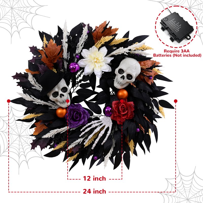 Halloween Skeleton Wreath for Front Door Indoor Outdoor Home Decor - 20 Inch