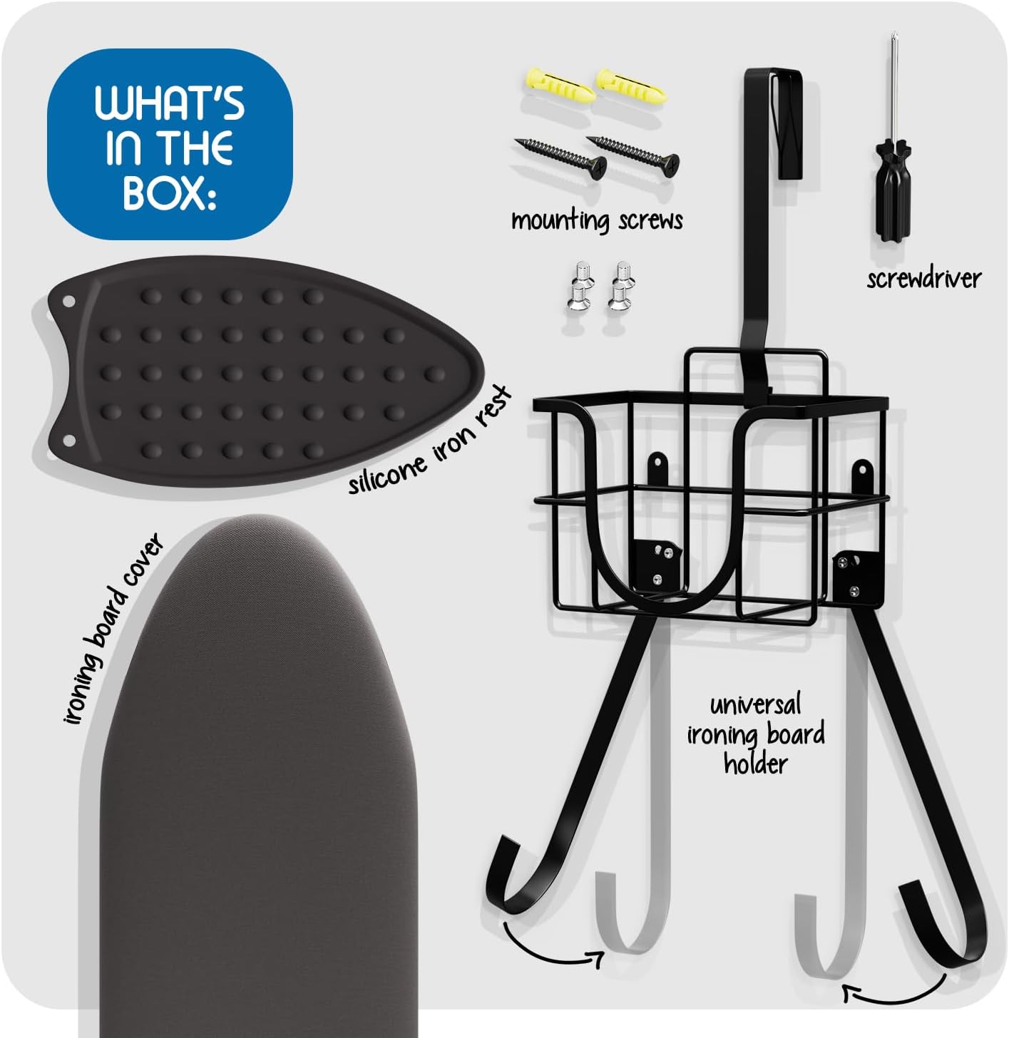T&V Ironing Board Holder - Wall Mount & Over The Door Hanger | Heat Reflective & Stain Resistant Cover Set