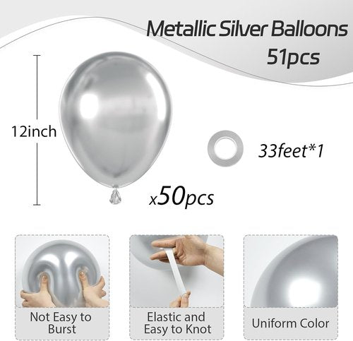 Awenztech Metallic Silver Balloons - 12 Inch Chrome Latex Balloons | 50 Pack for Parties & Celebrations