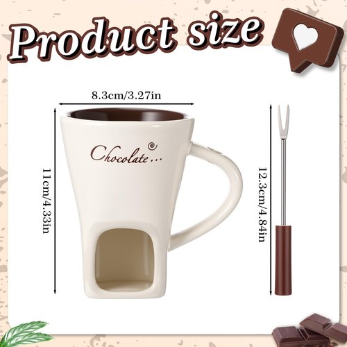 Honeydak 4 Set Chocolate Fondue Mug with Fork and Candle Sweet Ceramic Personal Chocolate Melting Cup Ideal Gifts for Birthday Date Night Birthday Wedding Gifts (White)