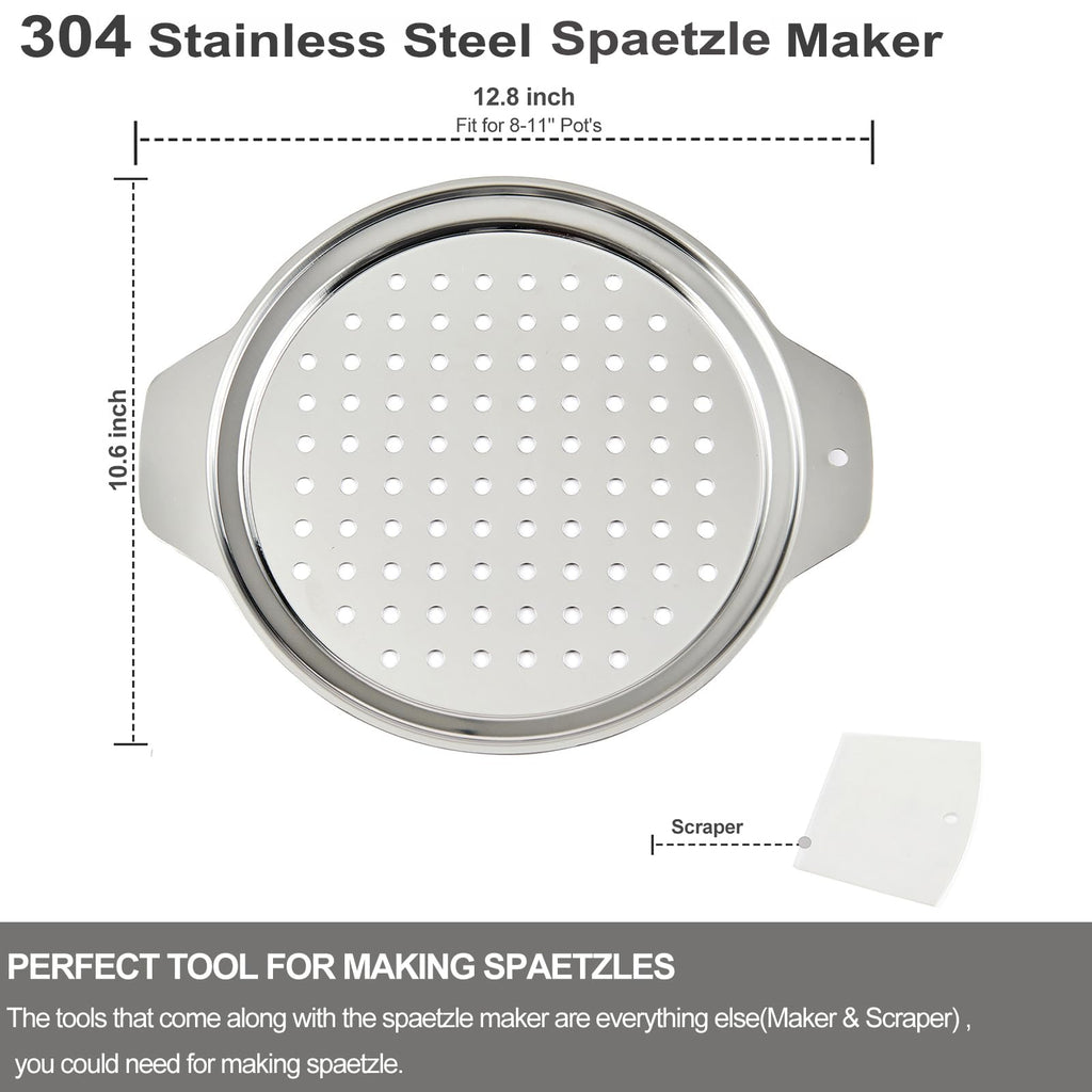 Premium Stainless Steel Spaetzle Maker Lid with Scraper, Traditional German Egg Noodle Maker Tools Pan Pot Pasta Veggies Strainer