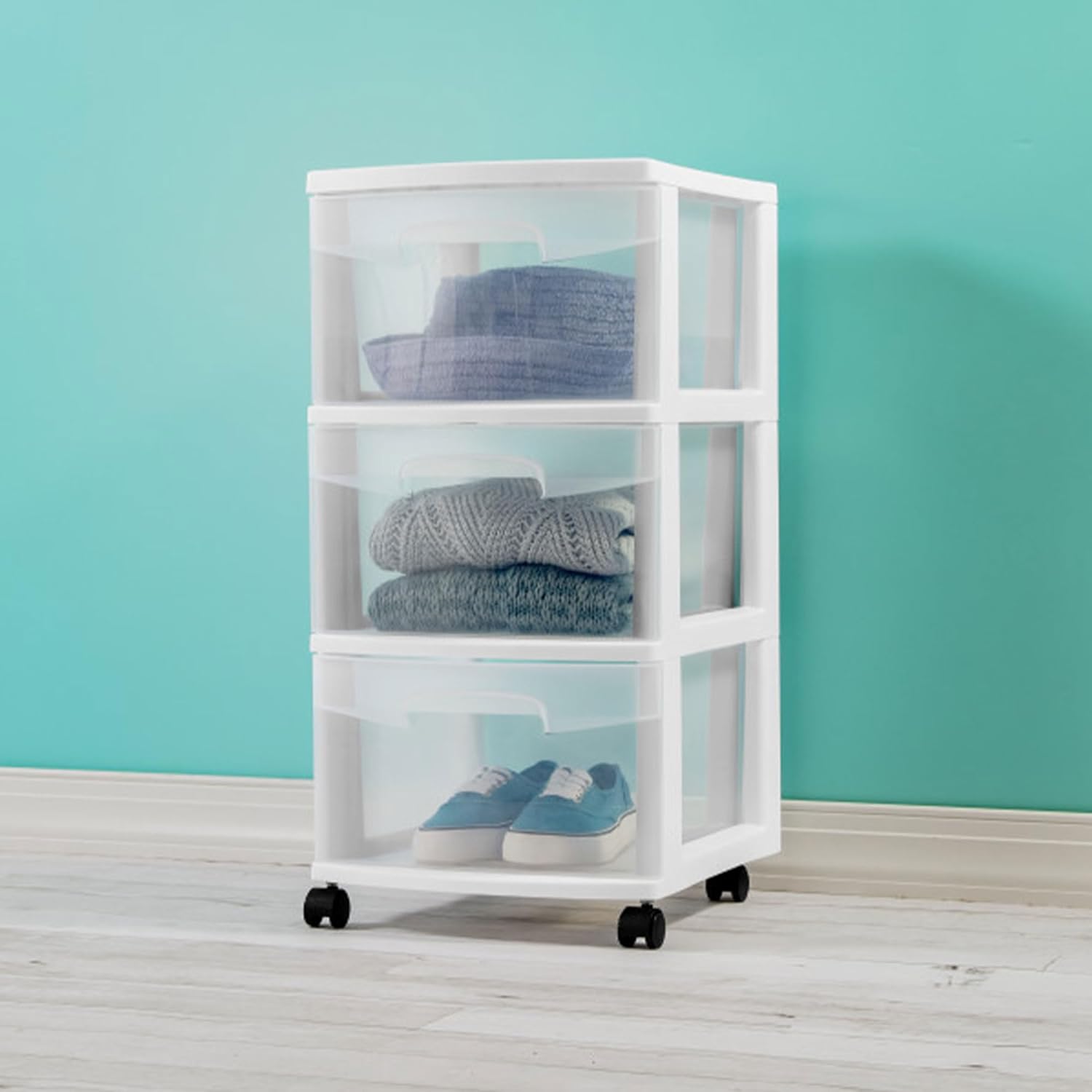 Sterilite 3-Drawer Rolling Storage Organizer - Versatile Plastic Bin Cart for Closet - White, 6 Pack