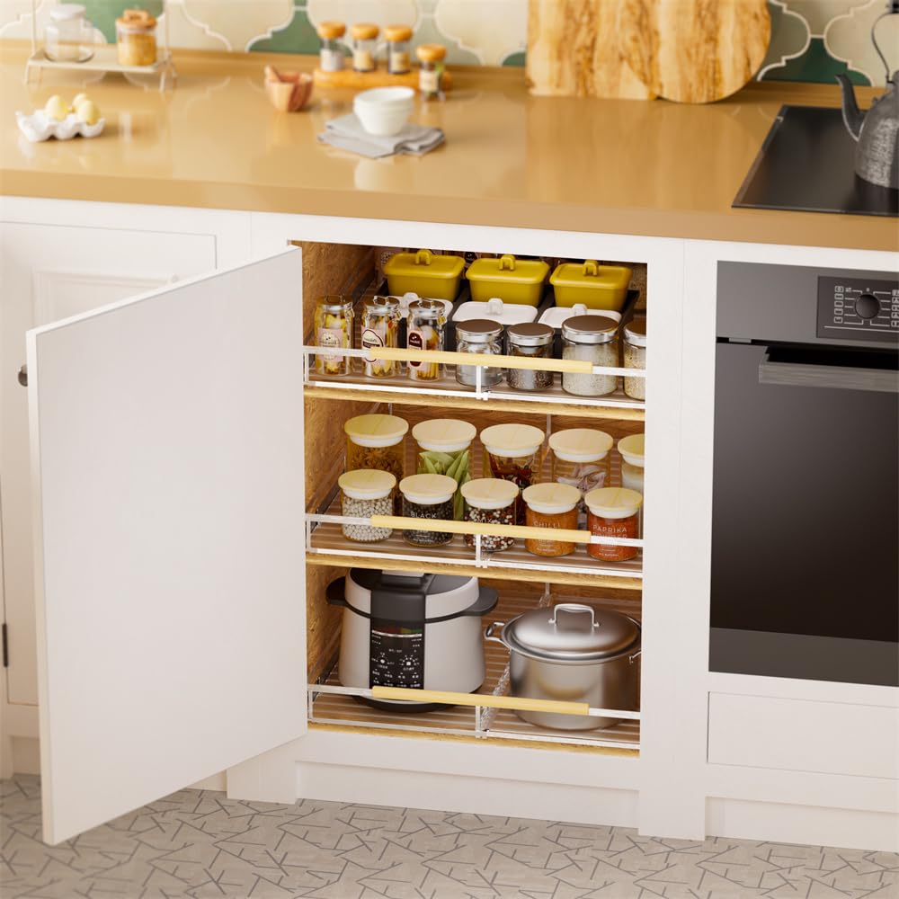 SANNO Chrome Expandable Pull Out Kitchen Cabinet Organizer, 14"-25" Width, 22.24" Depth, 2.7" Height, 2 Shelves, Modern Style, Bottom-Mounted, Easy Install, Kitchen Use