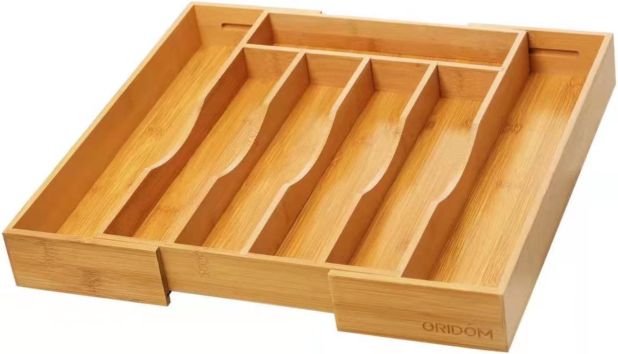 Skiennix Expandable Bamboo Kitchen Drawer Organizer - Adjustable Cutlery Tray for Flatware | Natural Finish
