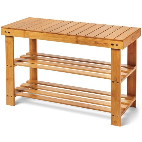 Leaf & Grain Bamboo Shoe Rack - Shoe Storage Bench for Front Door Entrance - Entryway Bench with Shoe Shelf, Shoe Storage Organizer, Wooden Shoe Rack, Durable Shoe Bench for Home (Natural)