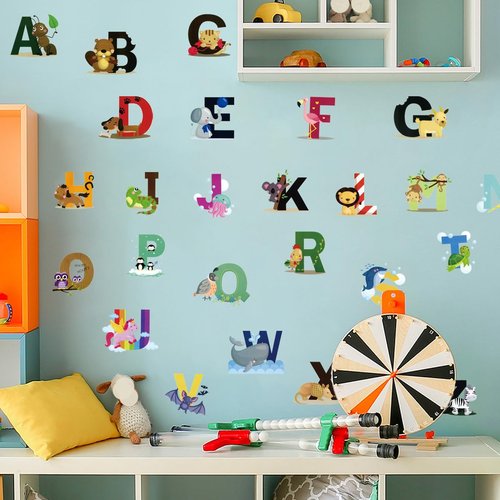 Animal Alphabet Decals ABC Wall Decals Stickers Peel and Stick Vinyl A-Z Alphabet Wall Decor for Kids Nursery Baby Room (Style 1)