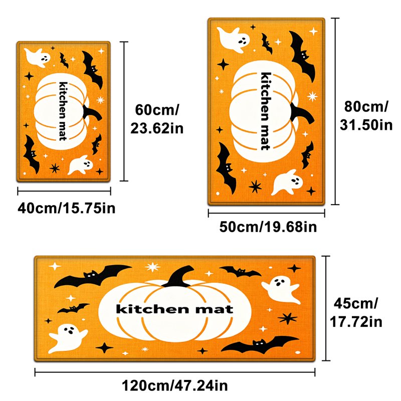 Halloween White Pumpkin Flannel Floor Mat & Kitchen Rug Set - 2 Pcs, Non-slip, 15.7x23.6 & 17.7x47.2 Inches