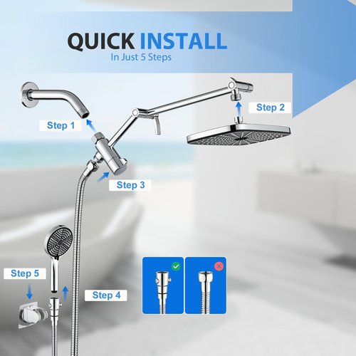 High Pressure Rain Shower Head with Handheld,Wide Rainfall Shower Head Combo with 15" Metal Extension Arm,Detachable Shower head,Rainfall Shower Head with Multi Modes Handheld Spray,Chrome