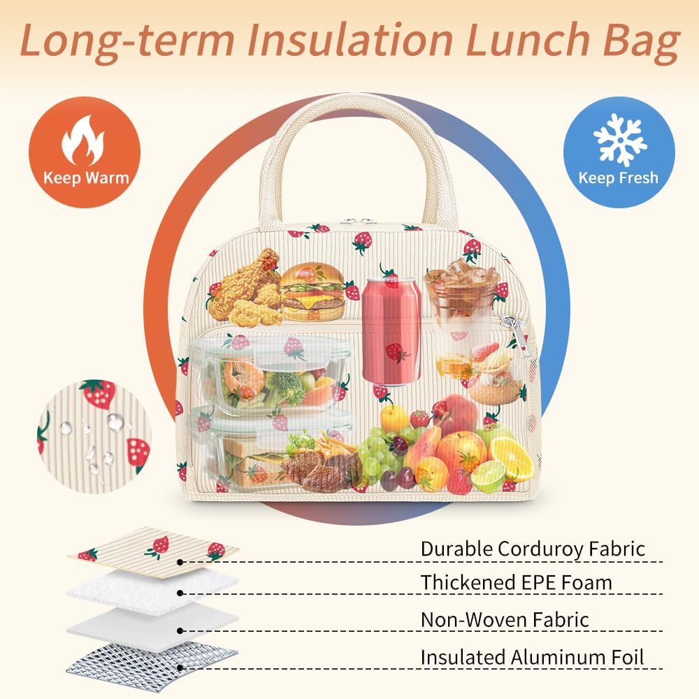 Coobiiya Insulated Corduroy Lunch Bag - Cute Strawberry Design | Large Capacity Tote for Work & Travel